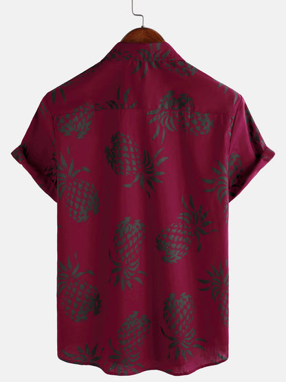 Men's Cotton Pineapple Print Red Summer Hawaiian Button Up Short Sleeve Shirt