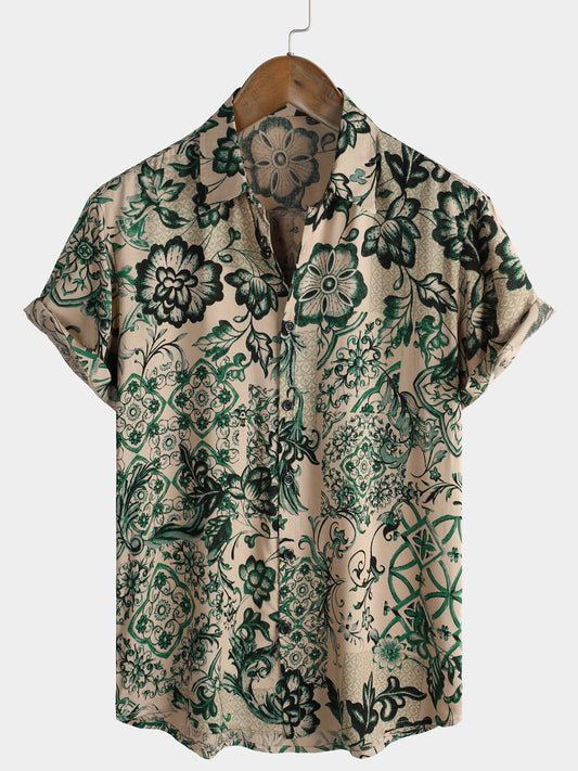 Men's Floral Print Vintage Holiday Breathable Hawaiian Short Sleeve Shirt