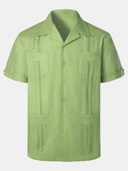 Men’s Pocket Linen Cuban Guayabera Summer Camp Button Up Short Sleeve Casual Shirt