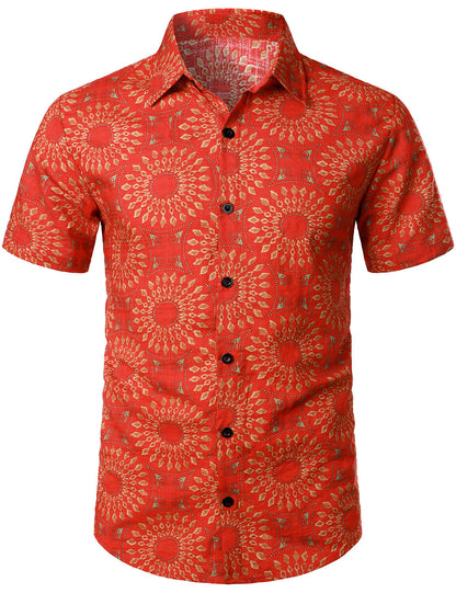 Men's Vintage Short Sleeve Cotton Boho 70s Leisure Button Up Hawaiian Shirt