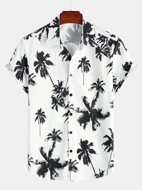 Men's Tropical Palm Tree Print Cotton White Hawaiian Short Sleeve Summer Beach Cruise Camp Shirt