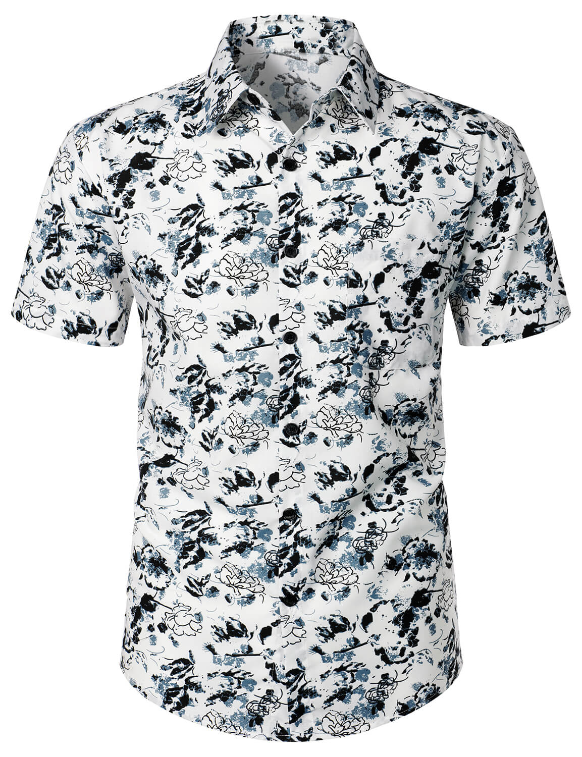 Men's White and Black Floral Summer Flower Button Up Cotton Short Sleeve Shirt
