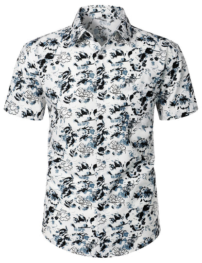 Men's White and Black Floral Summer Flower Button Up Cotton Short Sleeve Shirt