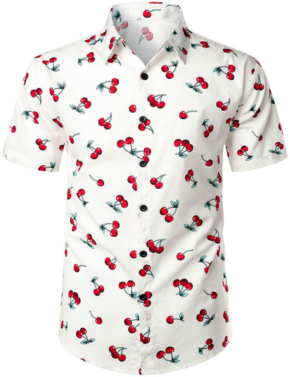 Men's Cherry Floral Print Tropical Hawaii Cotton Shirt