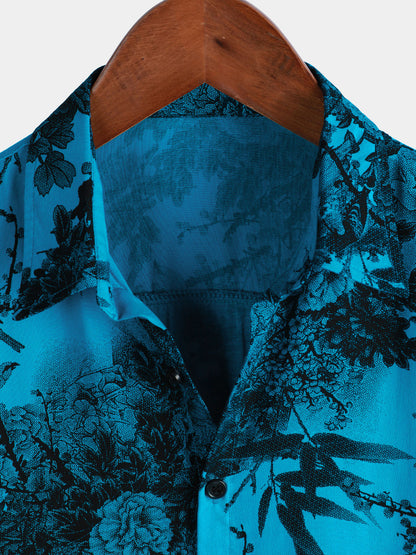 Men's Blue Retro Holiday Breathable Flower Hawaiian Short Sleeve Shirt
