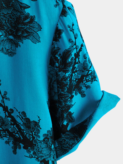 Men's Blue Retro Holiday Breathable Flower Hawaiian Short Sleeve Shirt