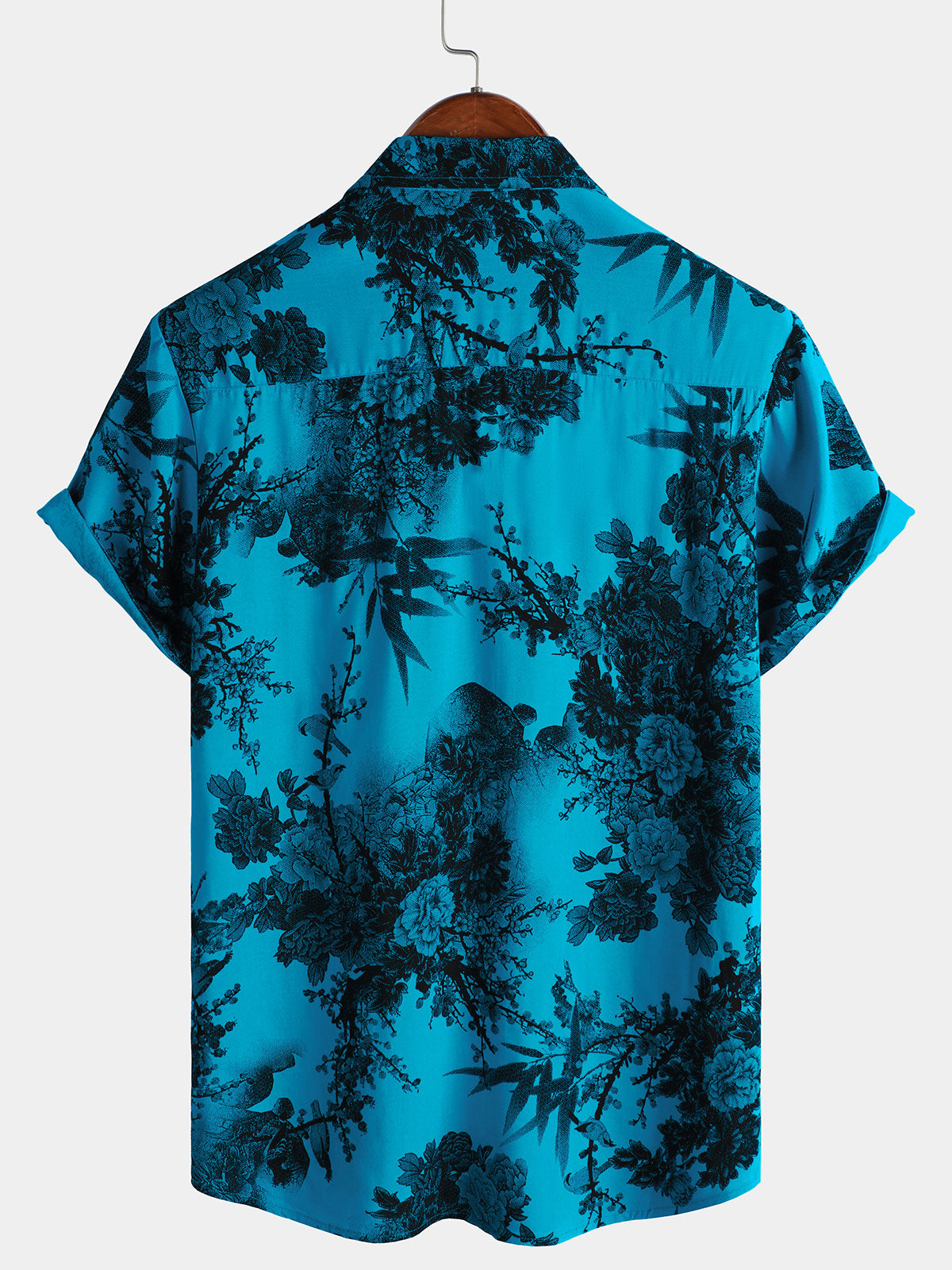 Men's Blue Retro Holiday Breathable Flower Hawaiian Short Sleeve Shirt