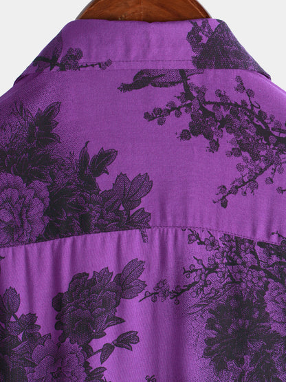 Men's Purple Retro Holiday Breathable Flower Hawaiian Short Sleeve Shirt