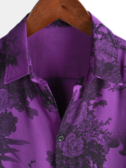 Men's Purple Retro Holiday Breathable Flower Hawaiian Short Sleeve Shirt