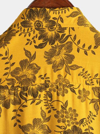 Men's Yellow Vintage Floral Print Holiday Hawaiian Short Sleeve Shirt