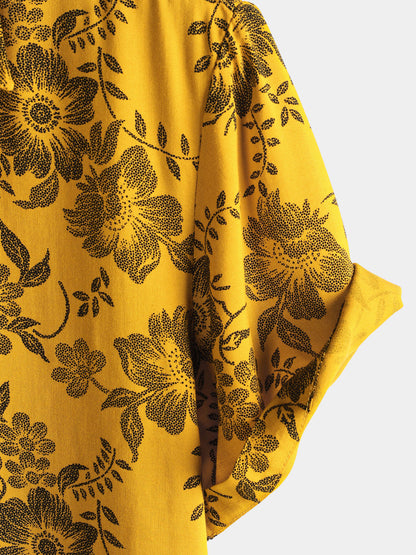 Men's Yellow Vintage Floral Print Holiday Hawaiian Short Sleeve Shirt