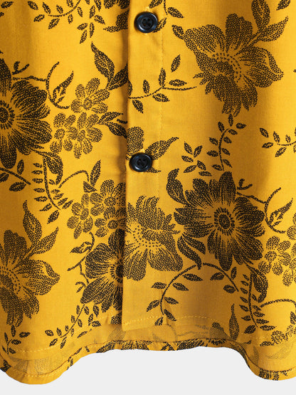 Men's Yellow Vintage Floral Print Holiday Hawaiian Short Sleeve Shirt