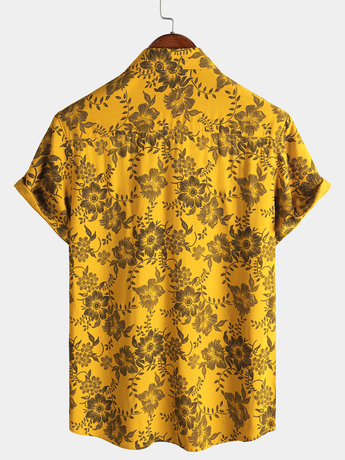 Men's Yellow Vintage Floral Print Holiday Hawaiian Short Sleeve Shirt