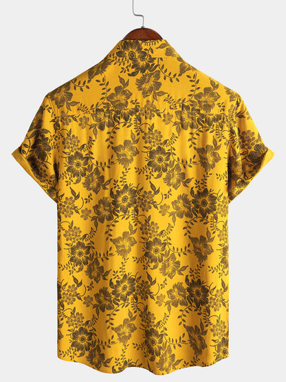 Men's Yellow Vintage Floral Print Holiday Hawaiian Short Sleeve Shirt