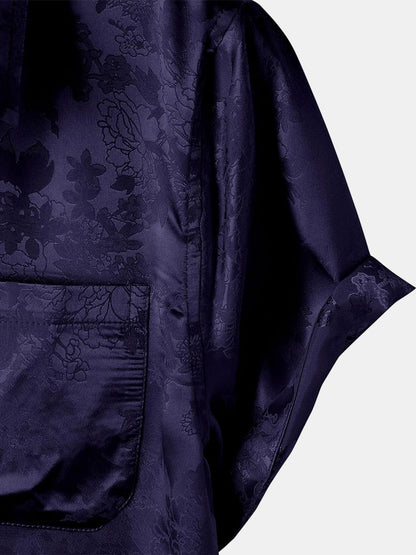 Men's Floral Jacquard Pocket Silky Satin Short Sleeve Shirt