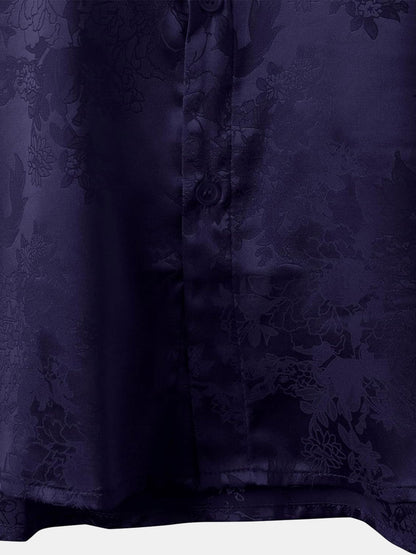 Men's Floral Jacquard Pocket Silky Satin Short Sleeve Shirt