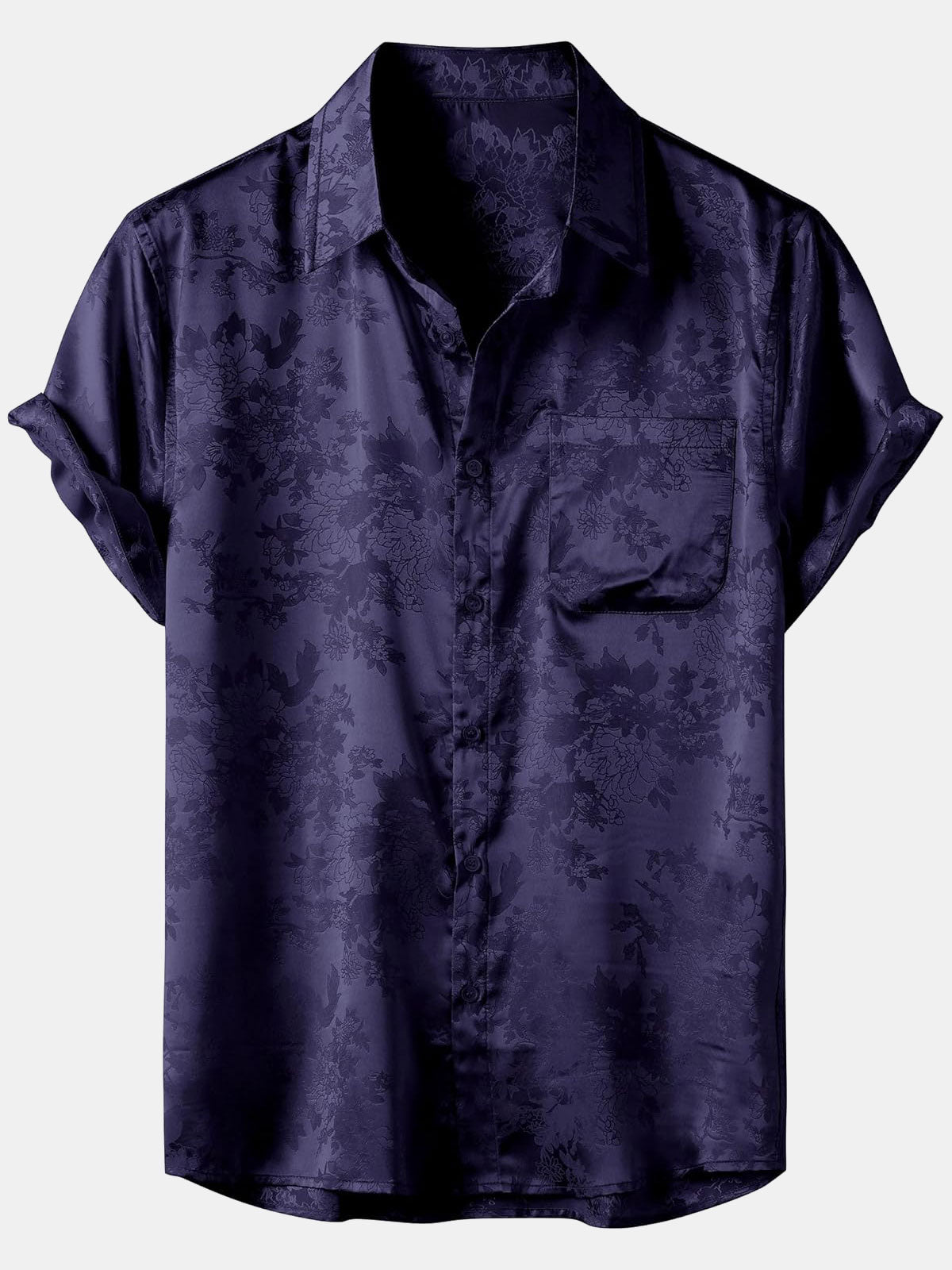Men's Floral Jacquard Pocket Silky Satin Short Sleeve Shirt