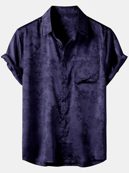Men's Floral Jacquard Pocket Silky Satin Short Sleeve Shirt