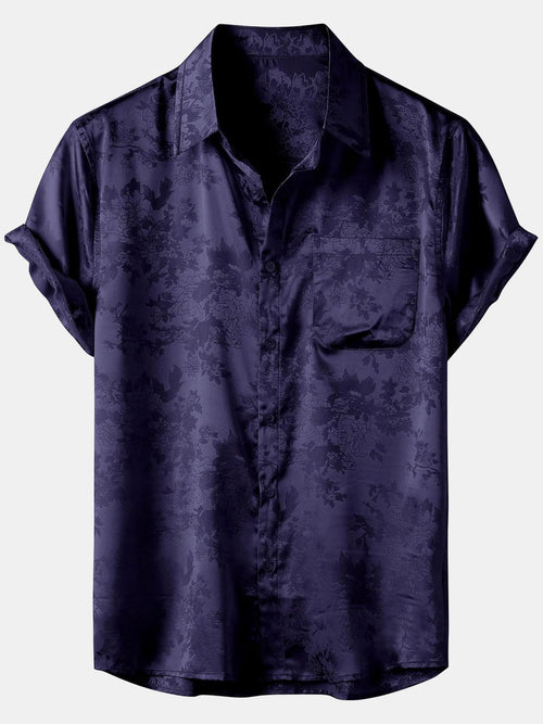 Men's Floral Jacquard Pocket Silky Satin Short Sleeve Shirt
