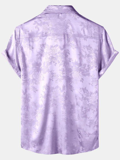 Men's Floral Jacquard Pocket Silky Satin Short Sleeve Shirt