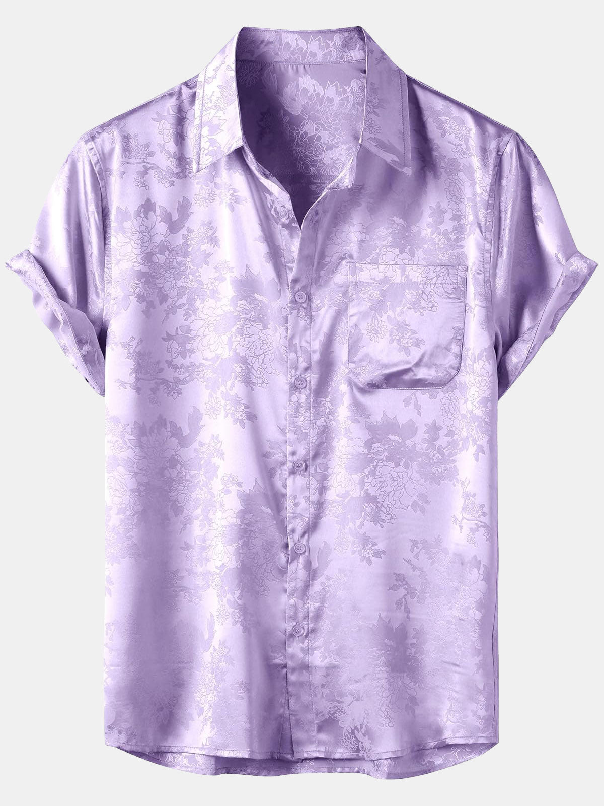 Men's Floral Jacquard Pocket Silky Satin Short Sleeve Shirt