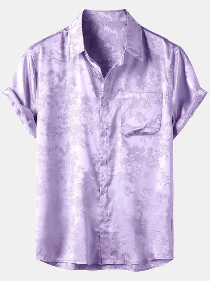 Men's Floral Jacquard Pocket Silky Satin Short Sleeve Shirt
