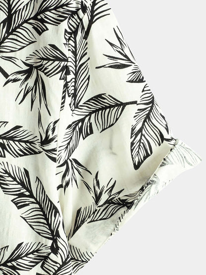 Men's Tropical Black Leaf Short Sleeve Summer Hawaiian Shirt