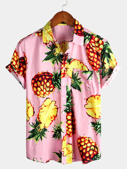 Men's Pink Pineapple Print Holiday Pocket Cotton Shirt