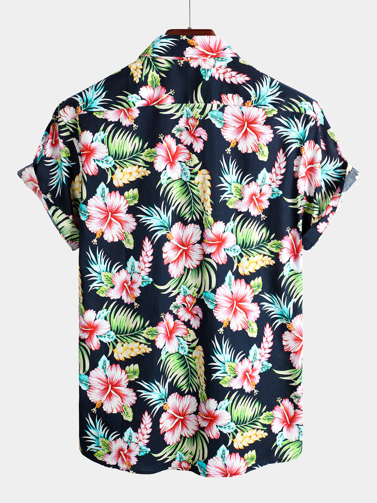 Men's Dark Blue Floral Holiday Short Sleeve Cotton Pocket Shirt