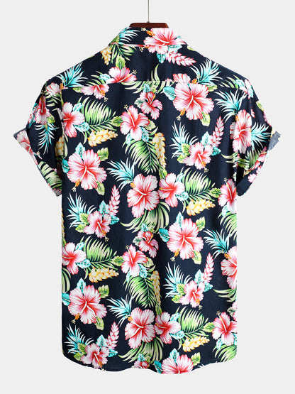 Men's Dark Blue Floral Holiday Short Sleeve Cotton Pocket Shirt