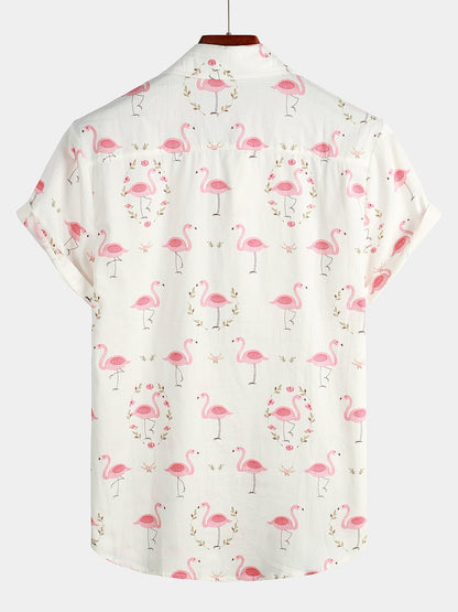 Men's Pink Flamingo Print Cotton Short Sleeve Shirt