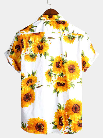 Men's Vintage Sunflower Cotton Floral Pocket Short Sleeve Button Up Shirt