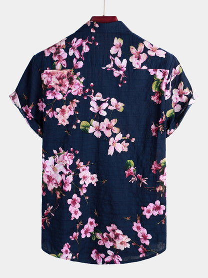 Men's Flower Print Cotton Floral Hawaiian Button Up Short Sleeve Shirt