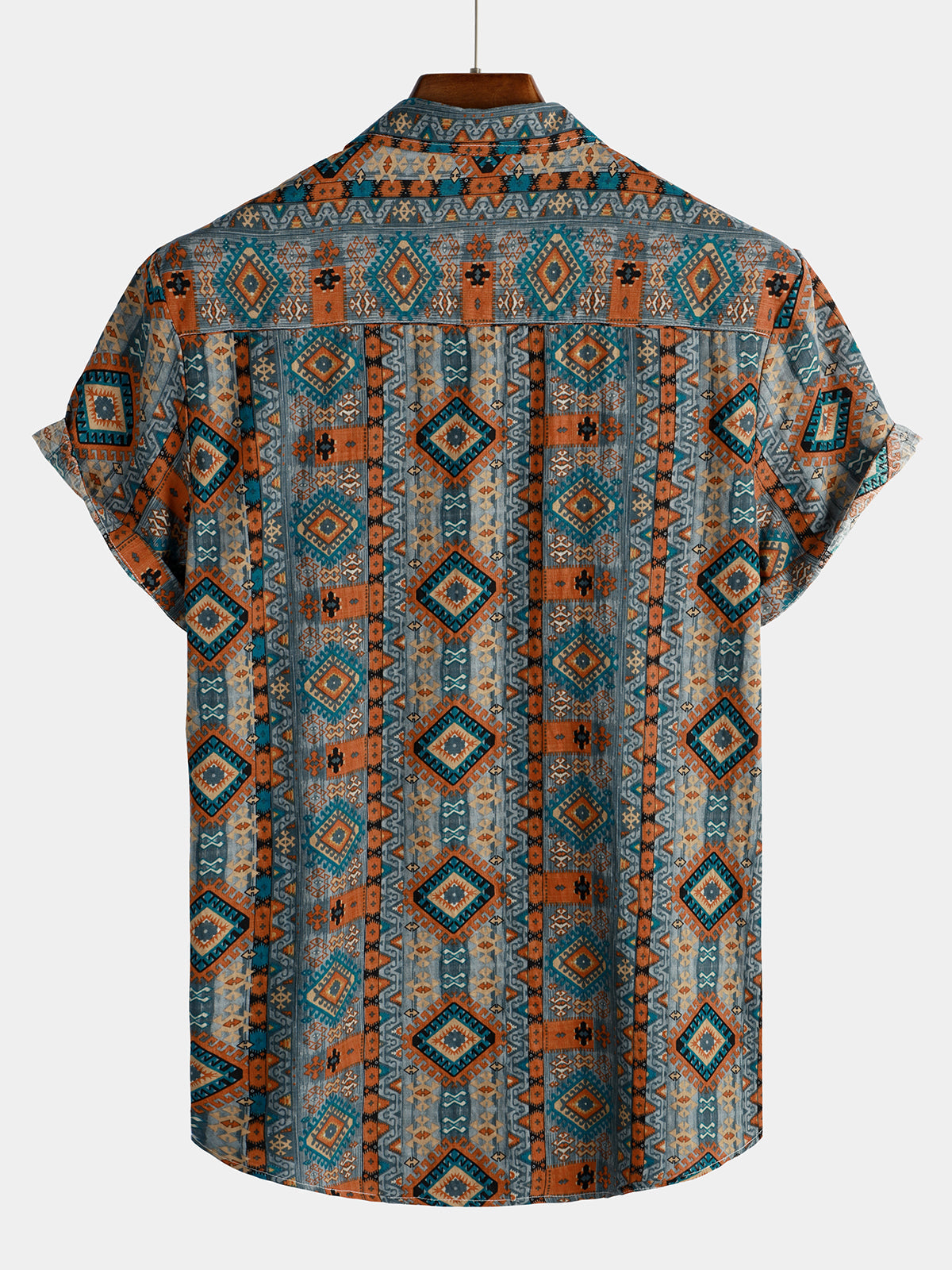 Men's Casual Vintage Short Sleeve 70s Retro Patchwork Button Up Lapel Cotton Aztec Print Shirt
