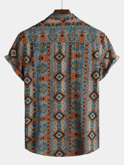 Men's Casual Vintage Short Sleeve 70s Retro Patchwork Button Up Lapel Cotton Aztec Print Shirt