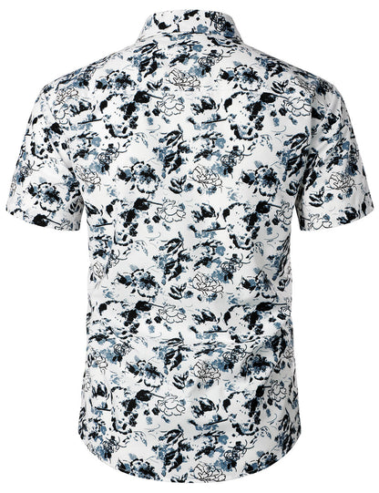 Men's White and Black Floral Summer Flower Button Up Cotton Short Sleeve Shirt