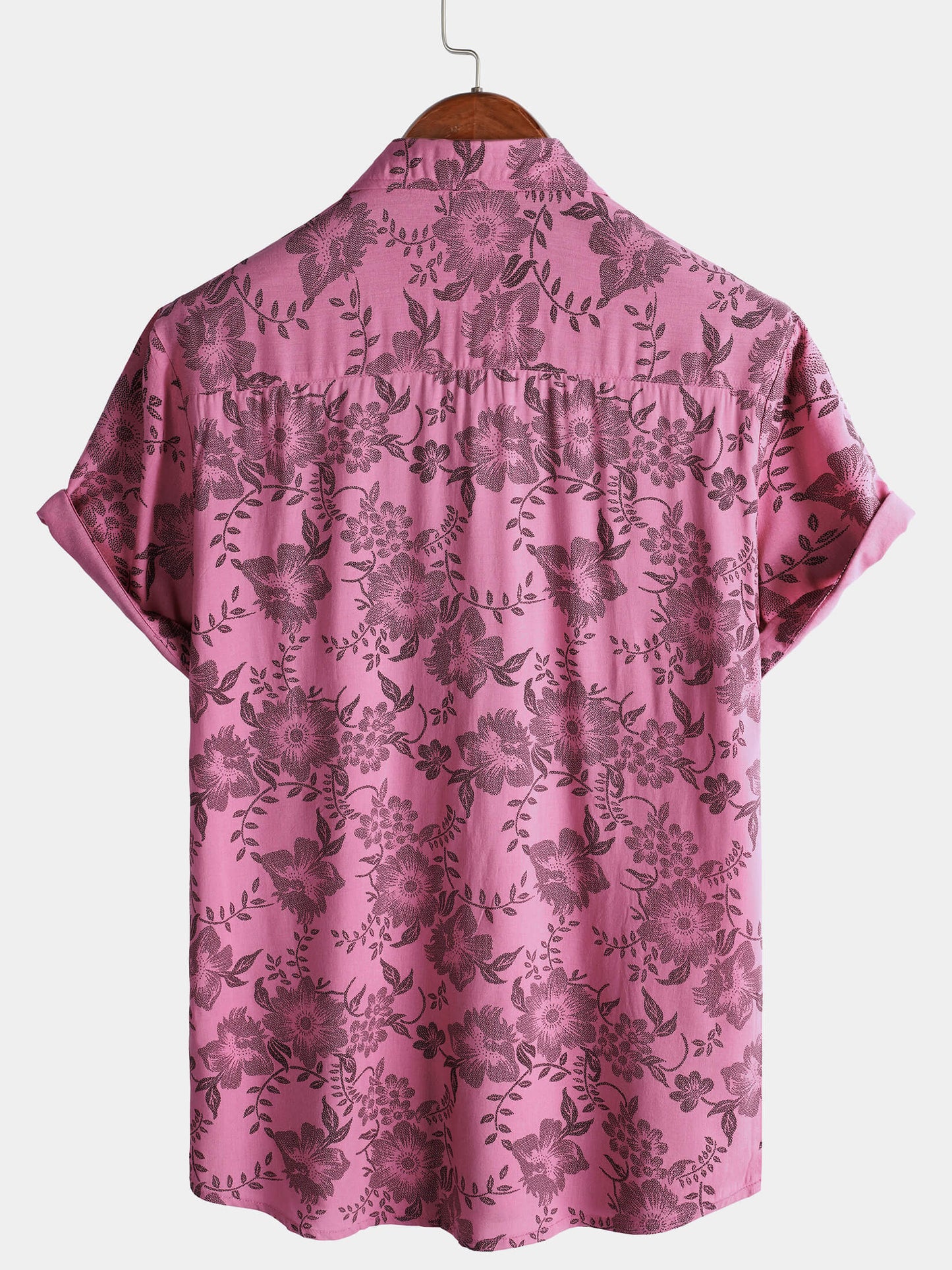 Men's Pink Floral Print Vintage Holiday Breathable Button Up Hawaiian Short Sleeve Shirt