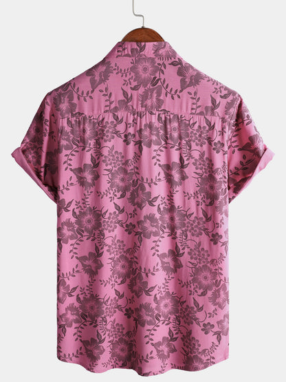 Men's Pink Floral Print Vintage Holiday Breathable Button Up Hawaiian Short Sleeve Shirt