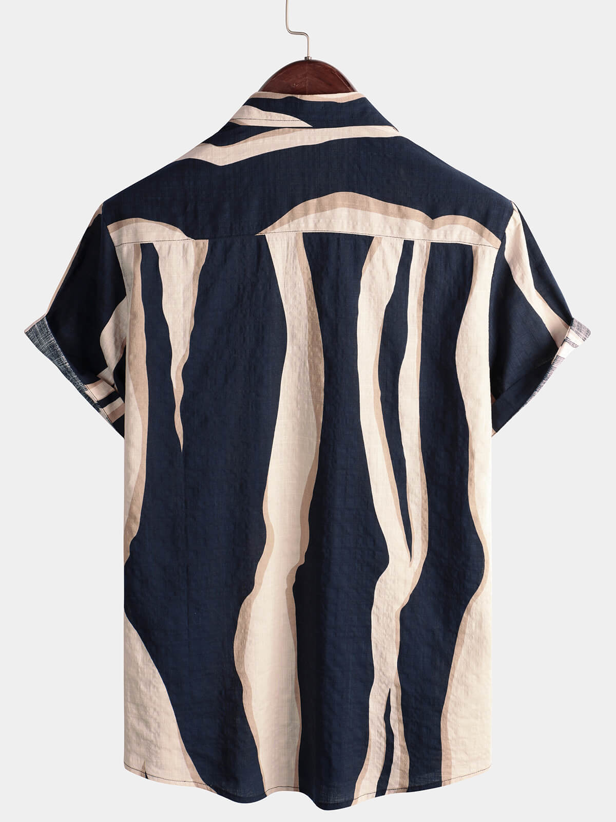 Men's Retro Casual Striped Summer Vacation Navy Blue Button Up Short Sleeve Shirt