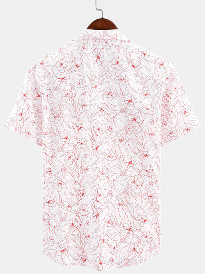 Men's Casual Cotton Line Floral Print Summer Short Sleeve Shirt