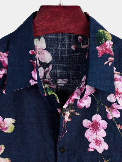 Men's Flower Print Cotton Floral Hawaiian Button Up Short Sleeve Shirt