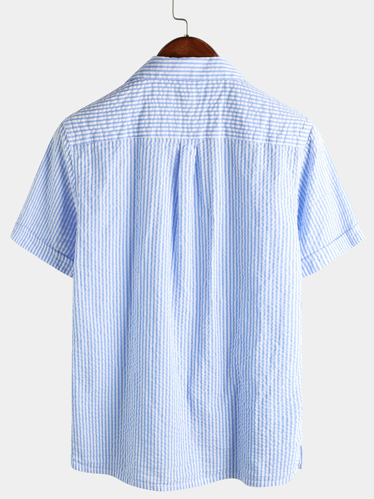 Men's Striped Cotton Blue Summer Button Up Cuban Collar Camp Short Sleeve Beach Shirt