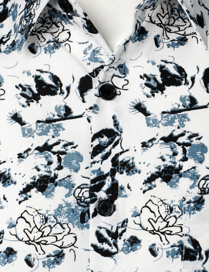 Men's White and Black Floral Summer Flower Button Up Cotton Short Sleeve Shirt