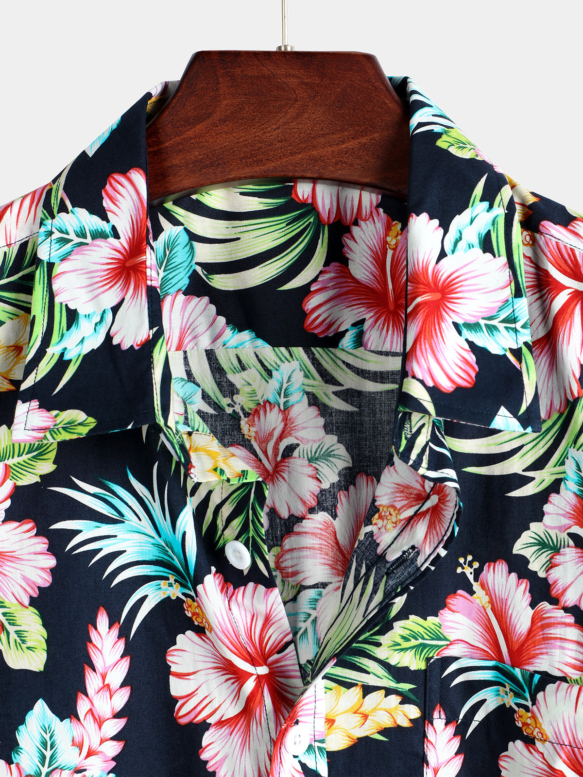 Men's Dark Blue Floral Holiday Short Sleeve Cotton Pocket Shirt