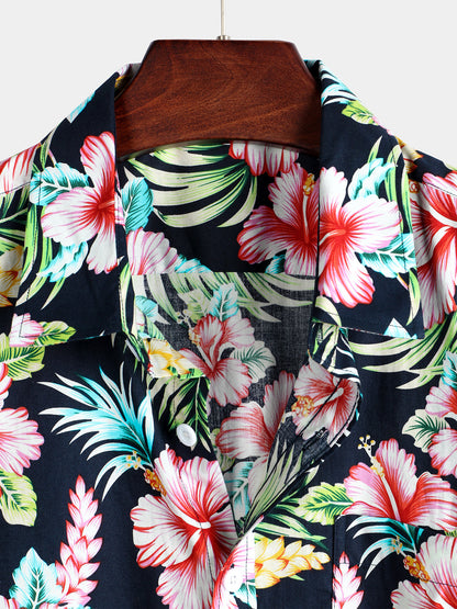 Men's Dark Blue Floral Holiday Short Sleeve Cotton Pocket Shirt