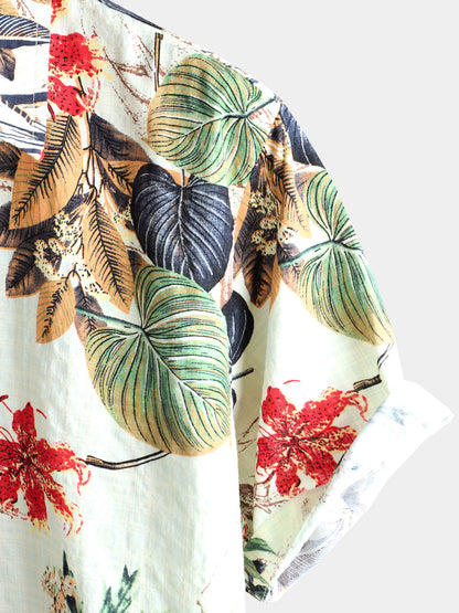 Men's Flower Cotton Tropical Floral Summer Button Up Hawaiian Shirt