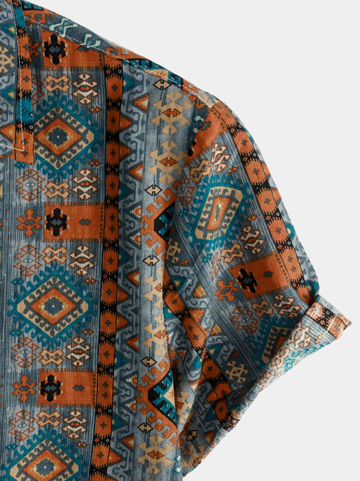 Men's Casual Vintage Short Sleeve 70s Retro Patchwork Button Up Lapel Cotton Aztec Print Shirt