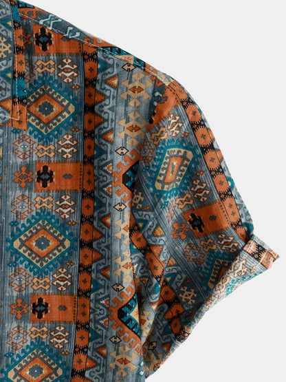 Men's Casual Vintage Short Sleeve 70s Retro Patchwork Button Up Lapel Cotton Aztec Print Shirt