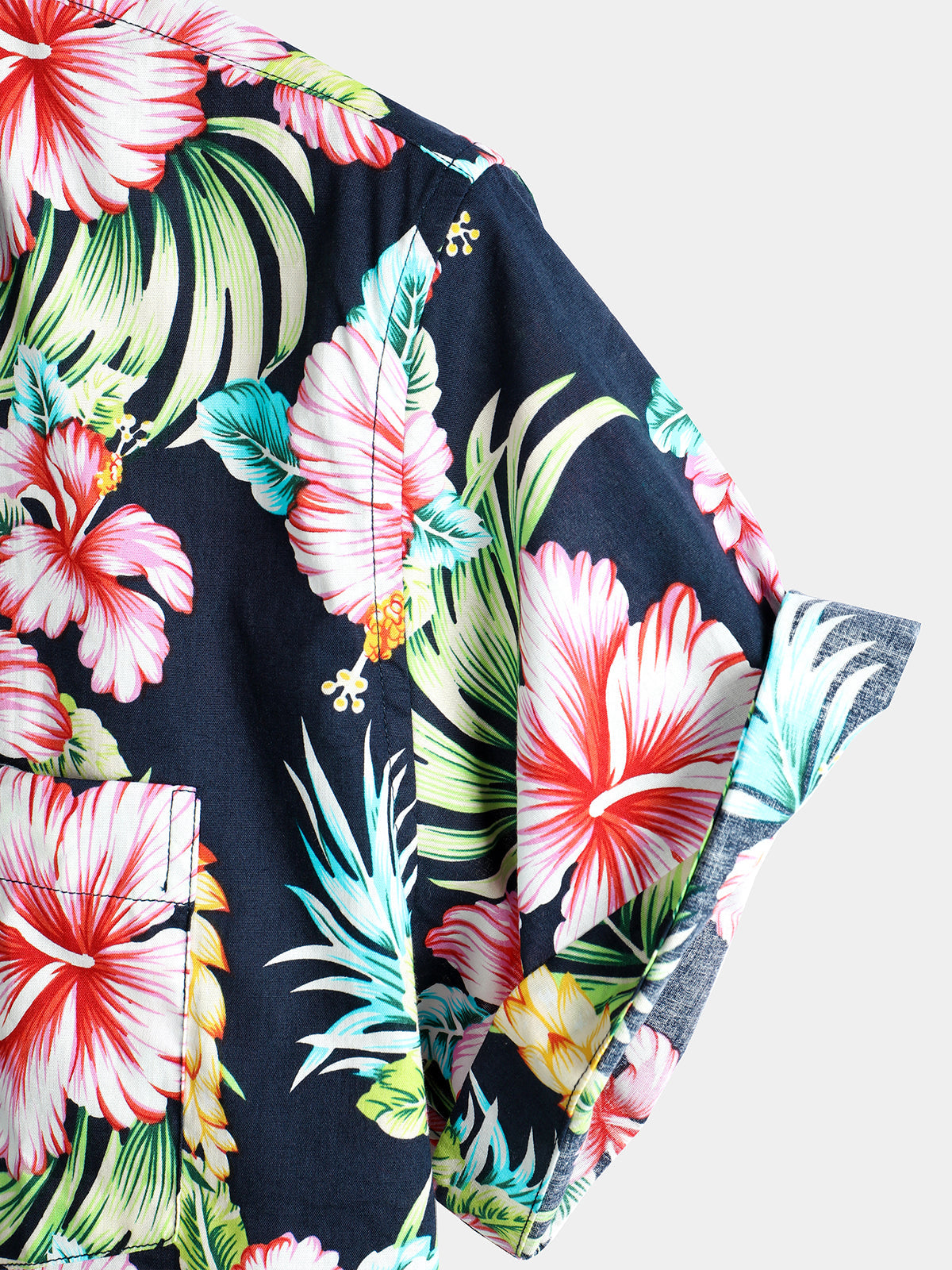 Men's Dark Blue Floral Holiday Short Sleeve Cotton Pocket Shirt