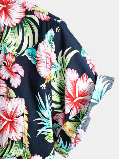Men's Dark Blue Floral Holiday Short Sleeve Cotton Pocket Shirt